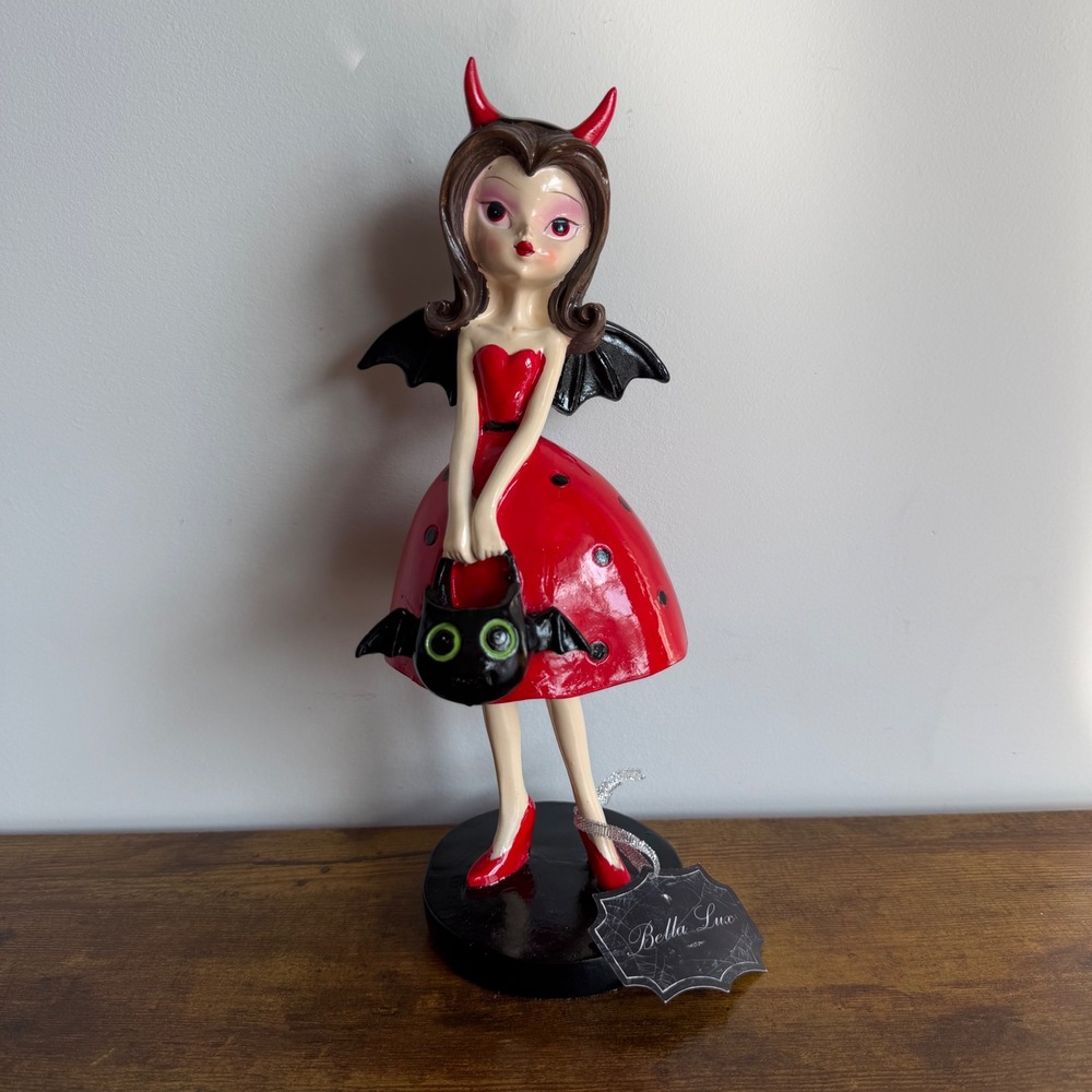 New Bella Lux Devil Girl Black Red Figurine Halloween Bat Horns Wings Costume